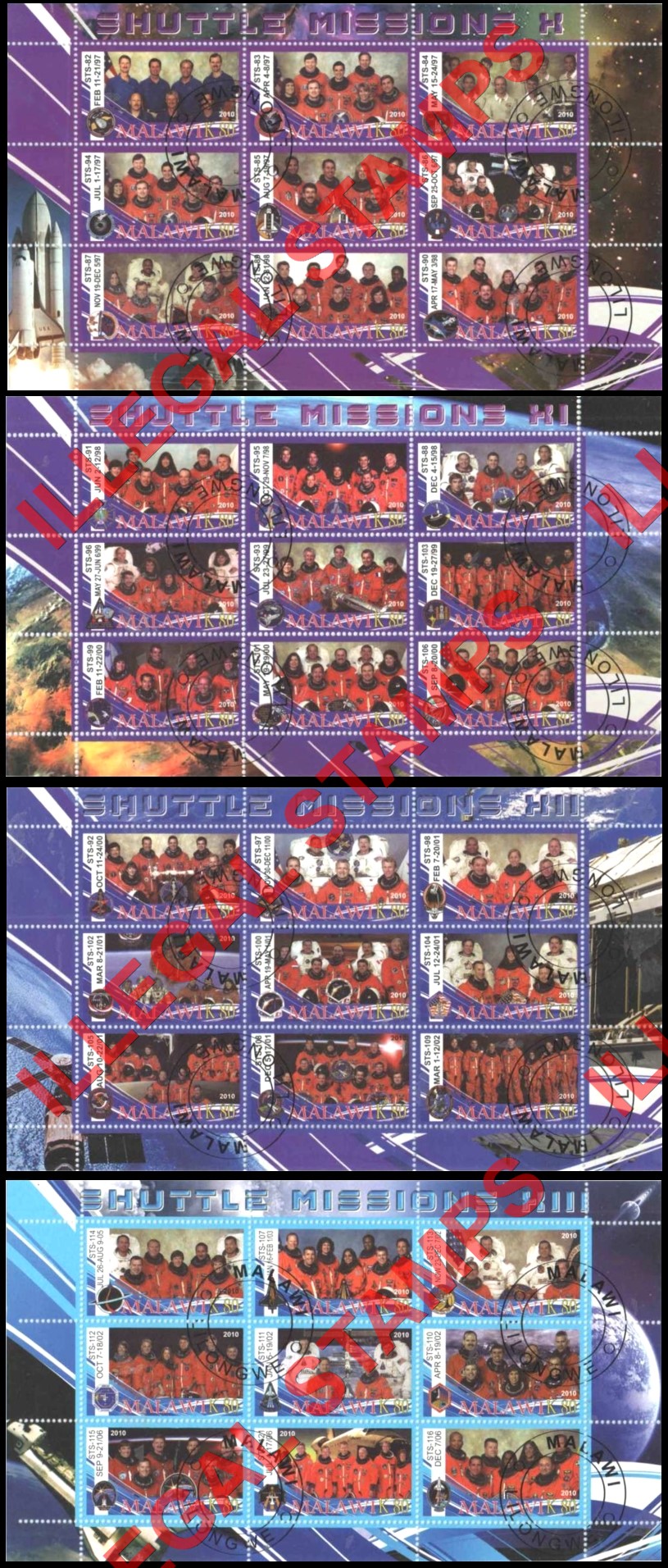 Malawi 2010 Space Shuttle Missions Illegal Stamp Sheetlets of 9 (Part 4)