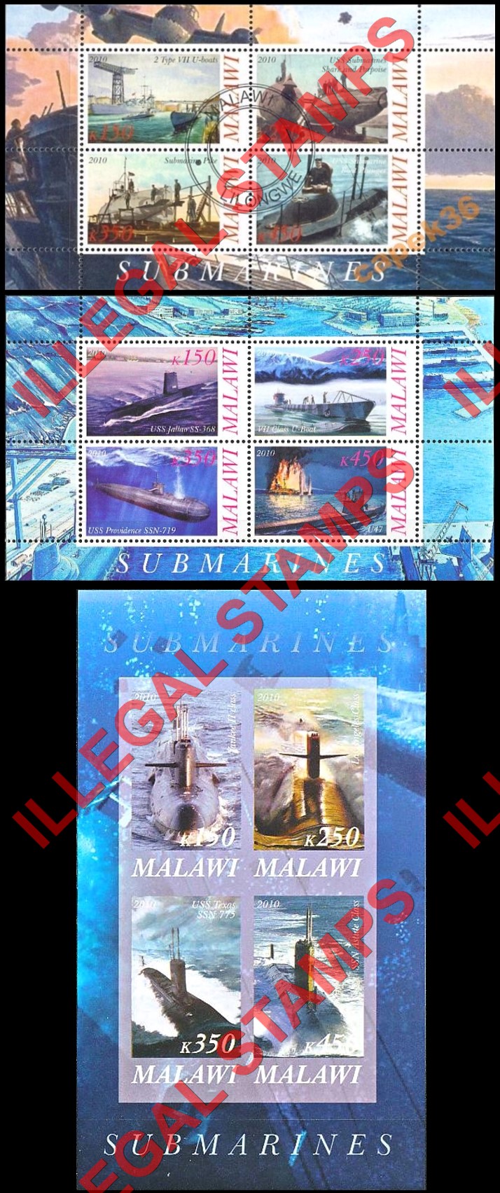 Malawi 2010 Submarines Illegal Stamp Souvenir Sheets of 4