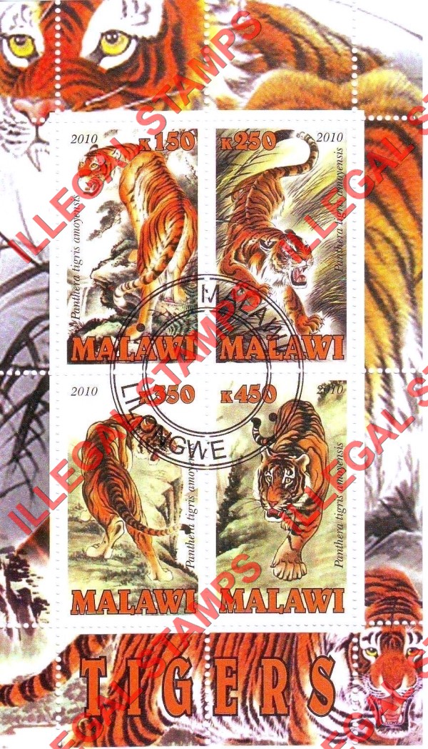 Malawi 2010 Tigers Illegal Stamp Souvenir Sheet of 4