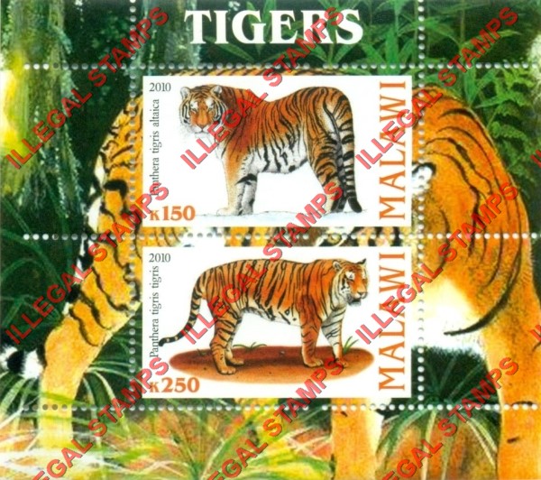 Malawi 2010 Tigers Illegal Stamp Souvenir Sheet of 2
