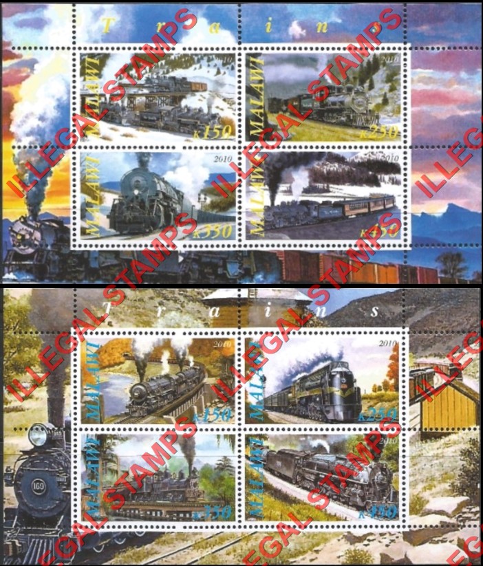 Malawi 2010 Trains Illegal Stamp Souvenir Sheets of 4 (Part 1)