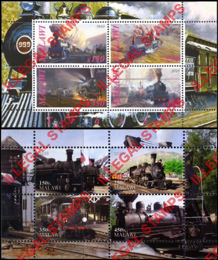 Malawi 2010 Trains Illegal Stamp Souvenir Sheets of 4 (Part 2)