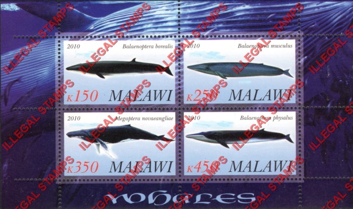Malawi 2010 Whales Illegal Stamp Souvenir Sheet of 4