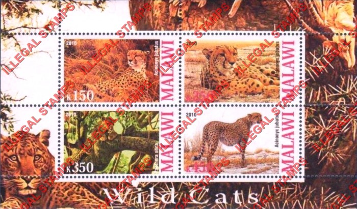 Malawi 2010 Wild Cats Illegal Stamp Souvenir Sheet of 4