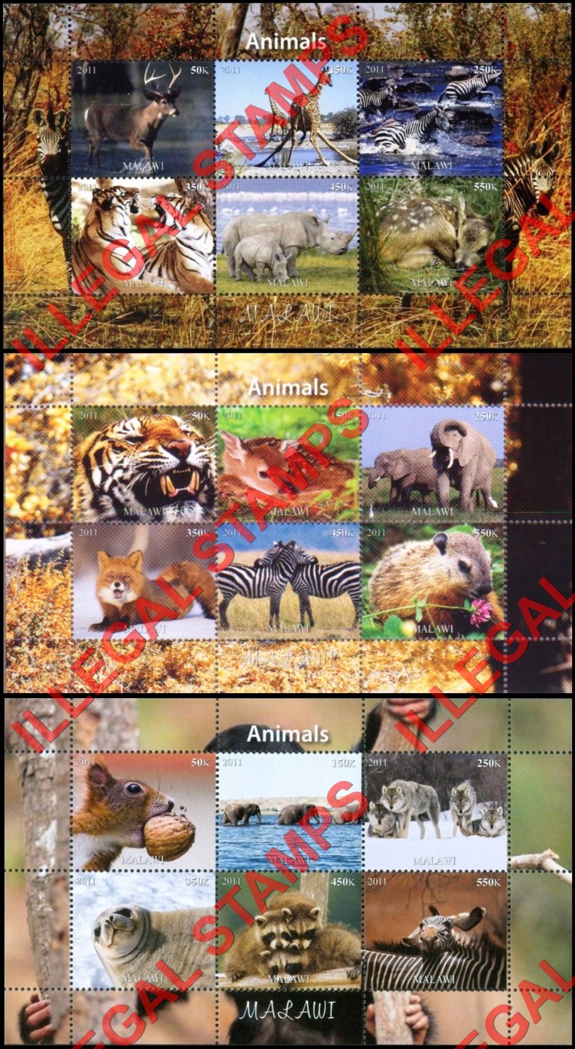 Malawi 2011 Animals Illegal Stamp Souvenir Sheets of 6 (Part 1)