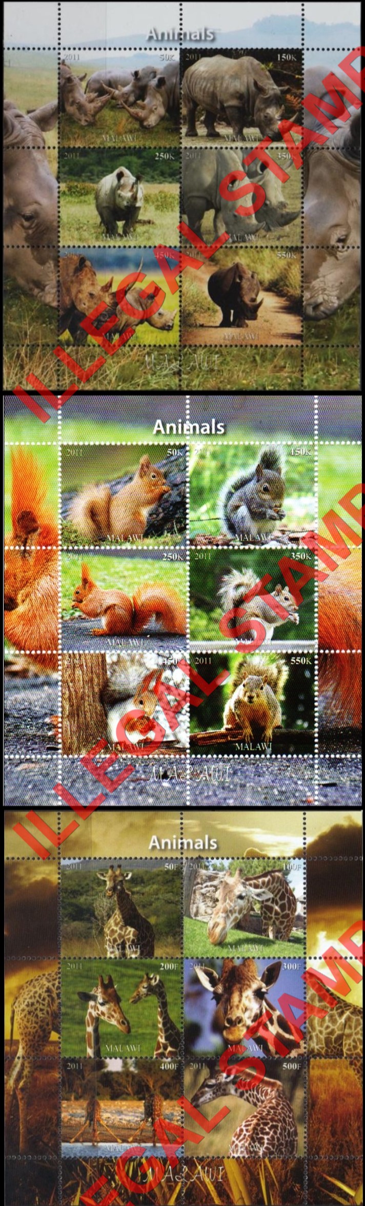 Malawi 2011 Animals Illegal Stamp Souvenir Sheets of 6 (Part 5)