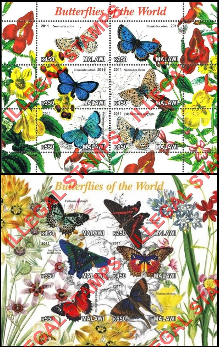 Malawi 2011 Butterflies of the World Illegal Stamp Souvenir Sheets of 6