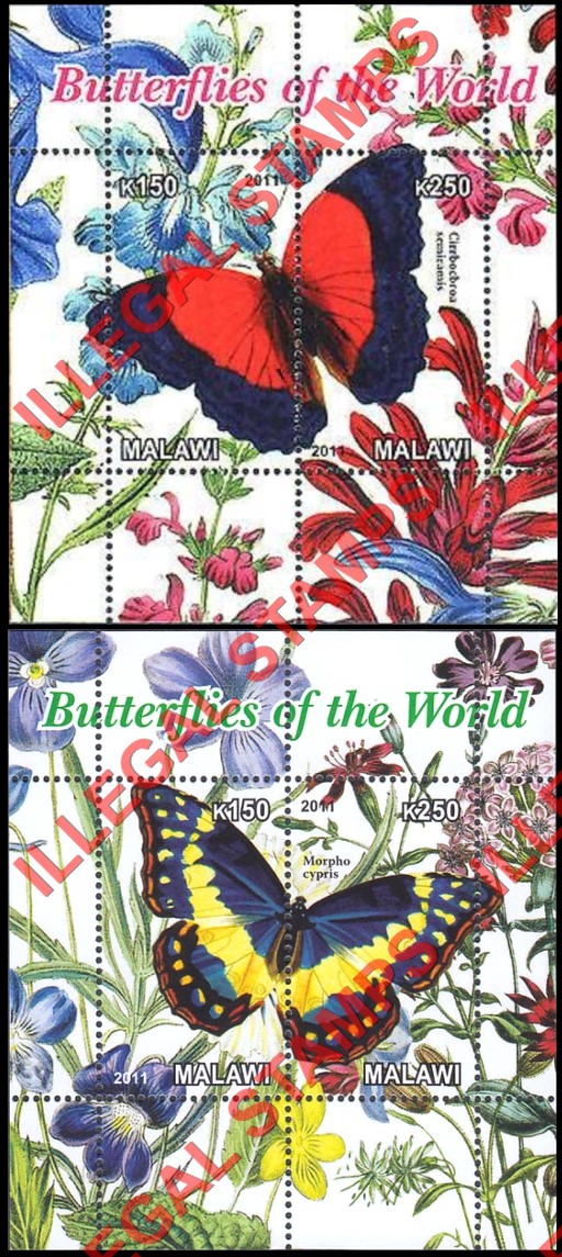 Malawi 2011 Butterflies of the World Illegal Stamp Souvenir Sheets of 2