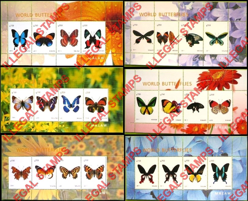 Malawi 2011 World Butterflies Illegal Stamp Souvenir Sheets of 4 (Part 1)