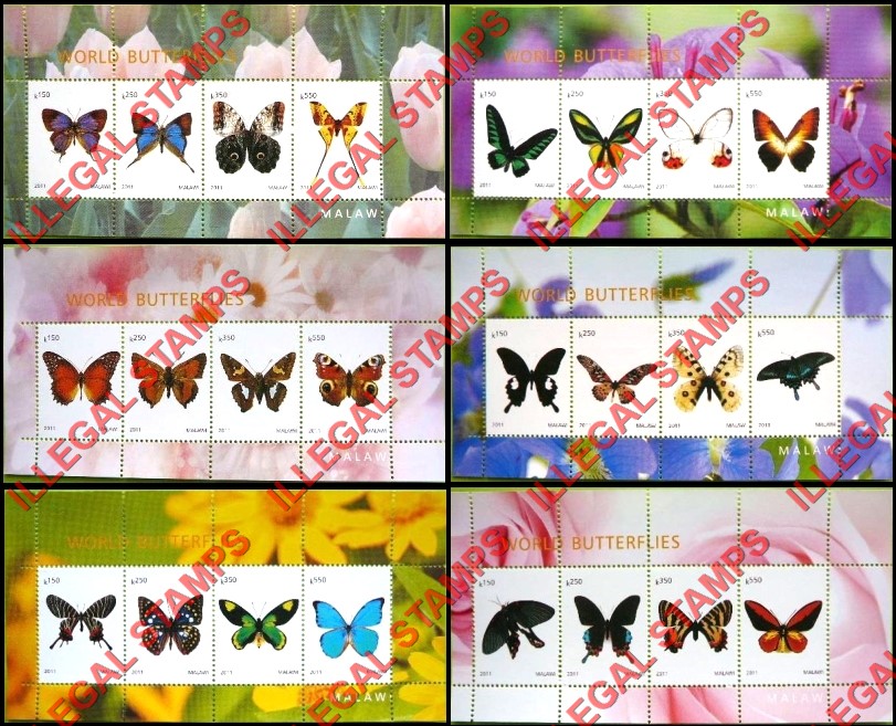 Malawi 2011 World Butterflies Illegal Stamp Souvenir Sheets of 4 (Part 2)