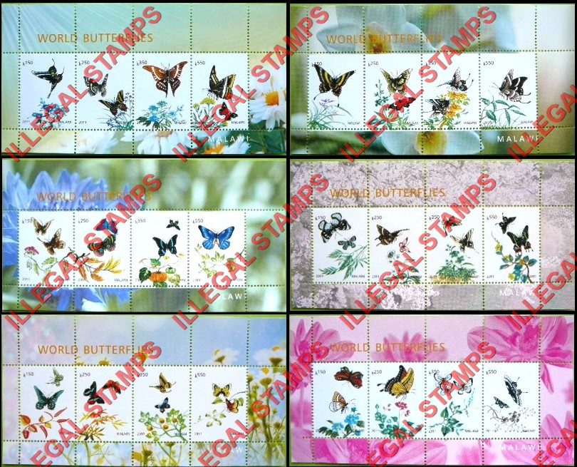 Malawi 2011 World Butterflies Illegal Stamp Souvenir Sheets of 4 (Part 3)