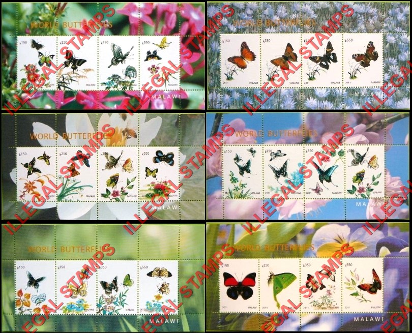 Malawi 2011 World Butterflies Illegal Stamp Souvenir Sheets of 4 (Part 4)