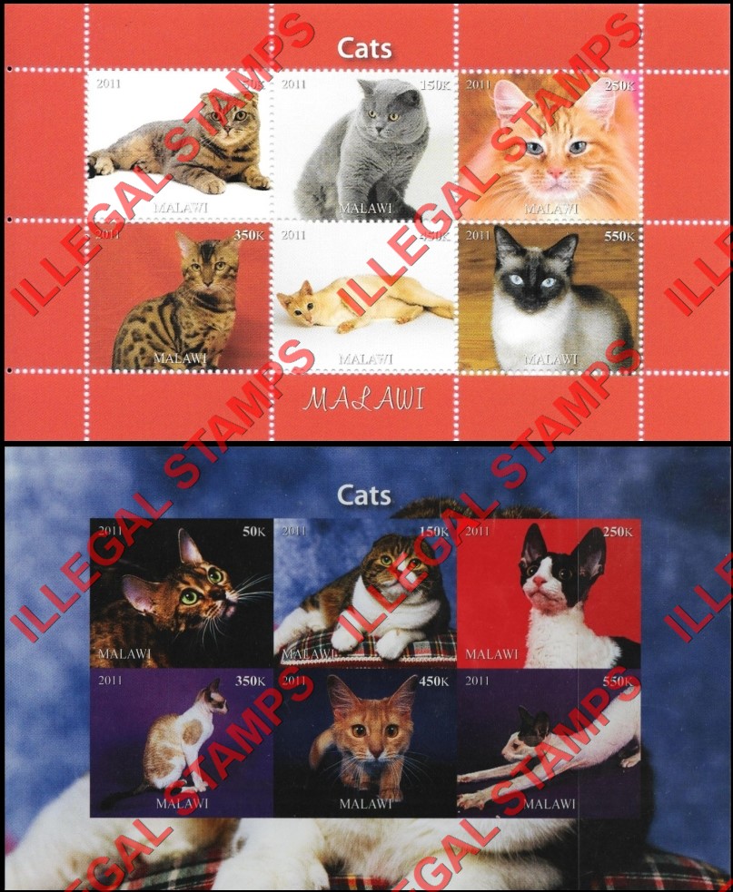Malawi 2011 Cats Illegal Stamp Souvenir Sheets of 6 (Part 1)