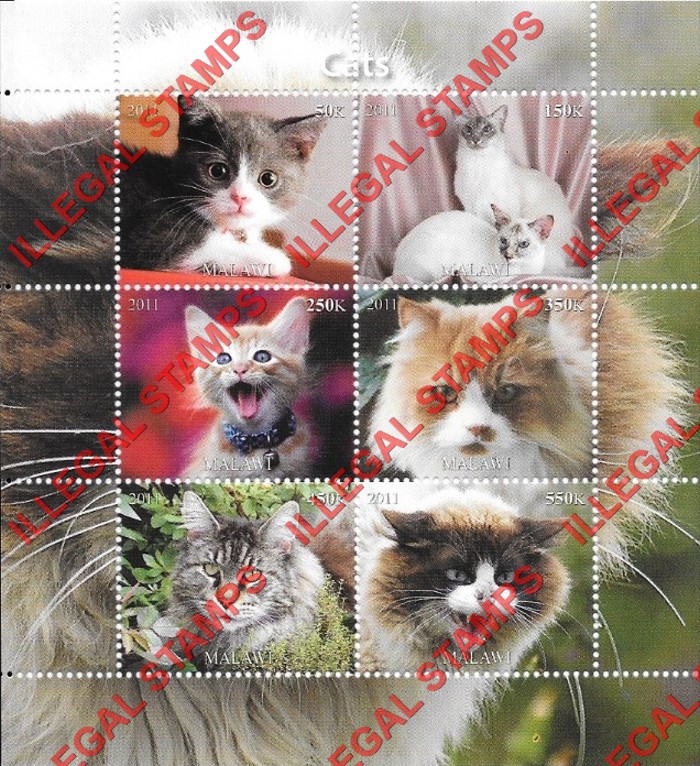 Malawi 2011 Cats Illegal Stamp Souvenir Sheets of 6 (Part 2)