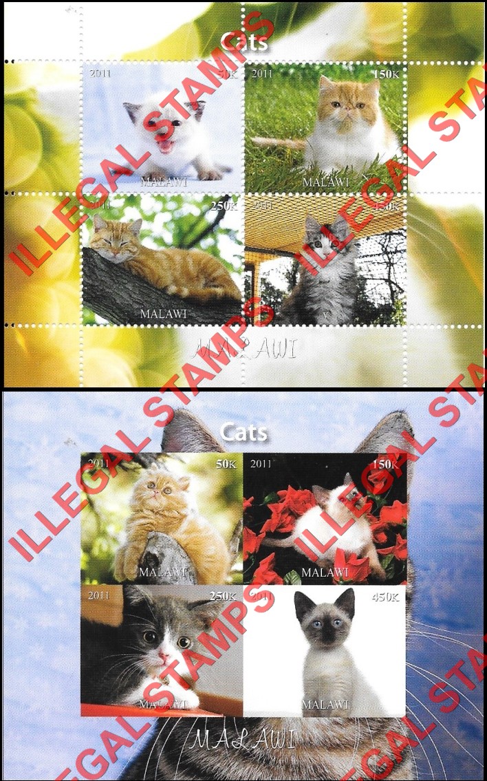 Malawi 2011 Cats Illegal Stamp Souvenir Sheets of 4 (Part 1)