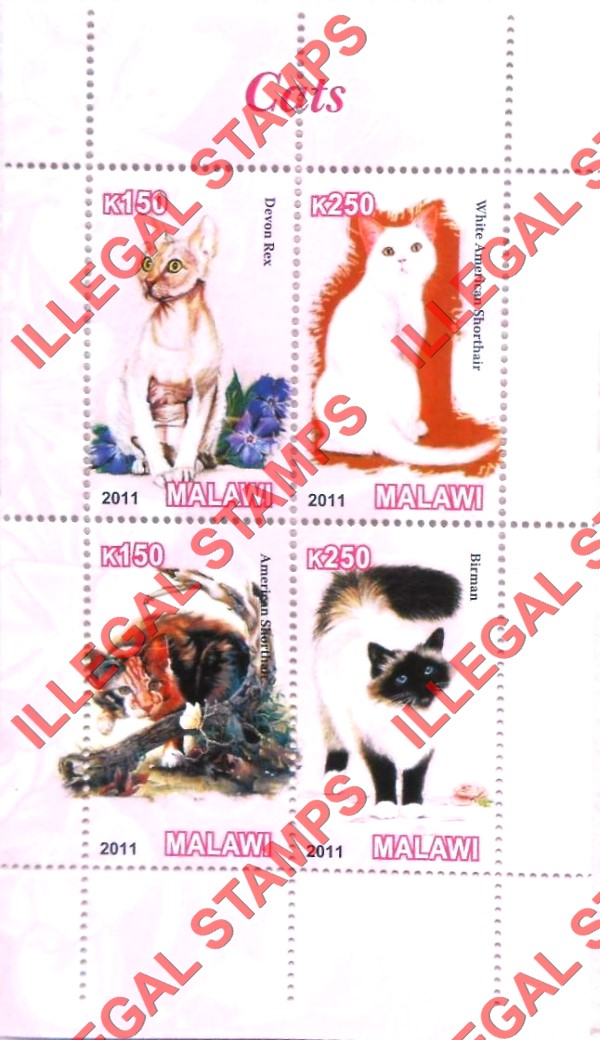 Malawi 2011 Cats Illegal Stamp Souvenir Sheets of 4 (Part 2)