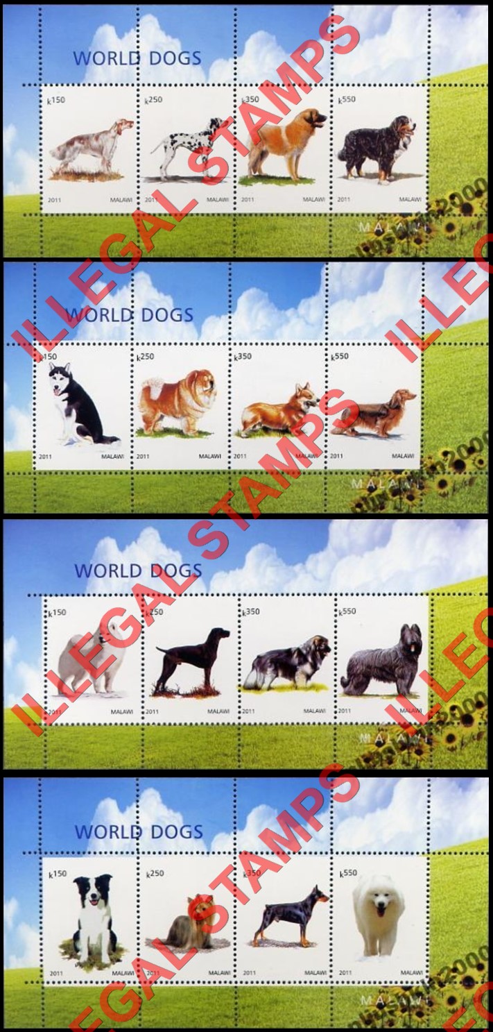Malawi 2011 World Dogs Illegal Stamp Souvenir Sheets of 4 (Part 1)