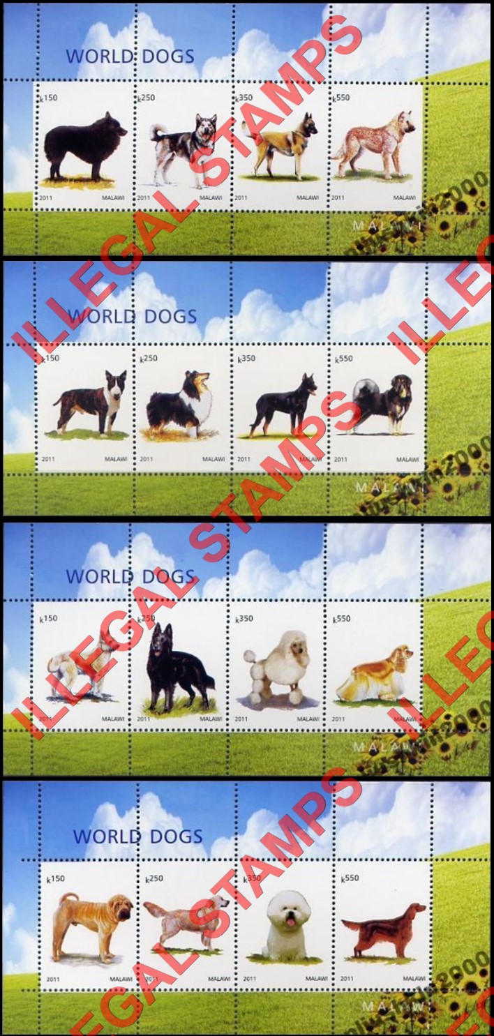 Malawi 2011 World Dogs Illegal Stamp Souvenir Sheets of 4 (Part 2)