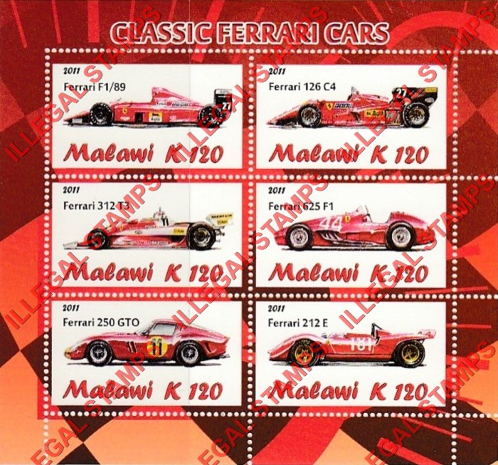 Malawi 2011 Ferrari Illegal Stamp Souvenir Sheet of 6