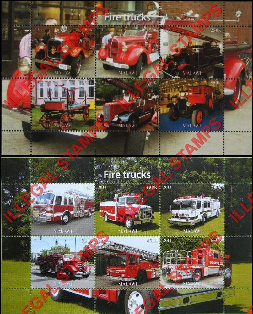 Malawi 2011 Fire Trucks Illegal Stamp Souvenir Sheets of 6