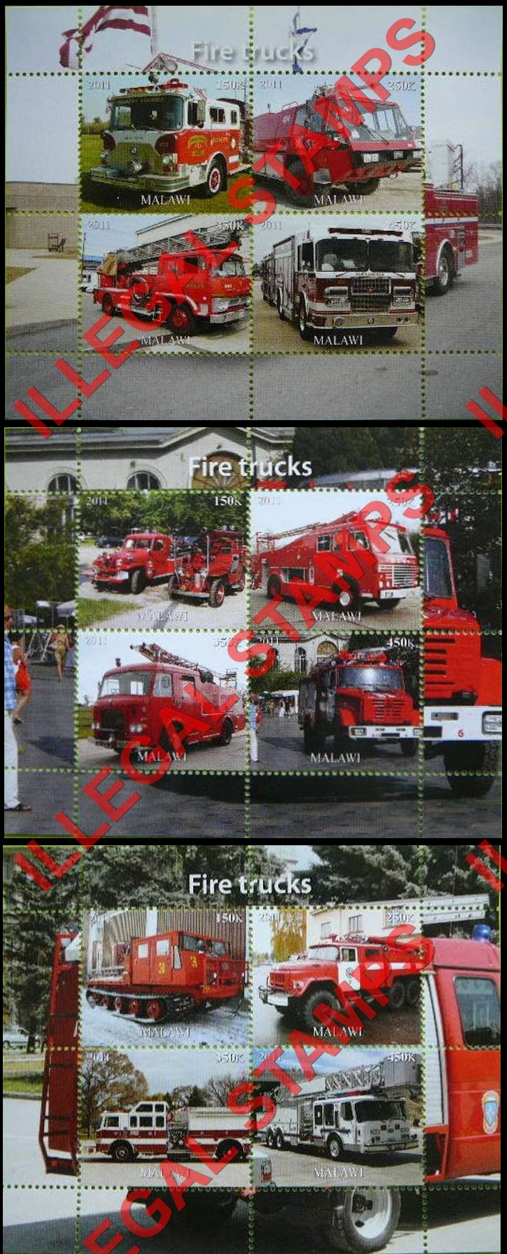 Malawi 2011 Fire Trucks Illegal Stamp Souvenir Sheets of 4