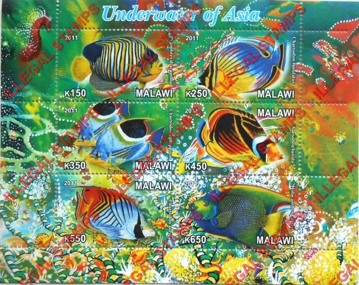 Malawi 2011 Fish Underwater of Asia Illegal Stamp Souvenir Sheet of 6