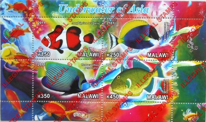 Malawi 2011 Fish Underwater of Asia Illegal Stamp Souvenir Sheet of 4
