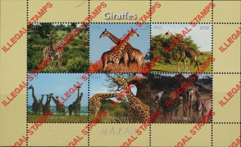 Malawi 2011 Giraffes Illegal Stamp Souvenir Sheet of 6