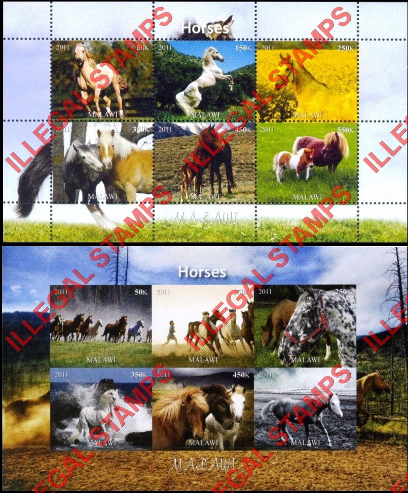 Malawi 2011 Horses Illegal Stamp Souvenir Sheets of 6