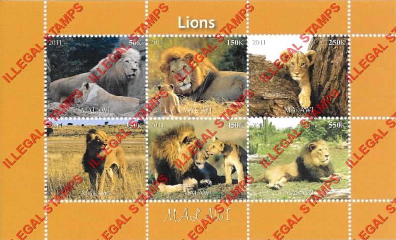 Malawi 2011 Lions Illegal Stamp Souvenir Sheet of 6
