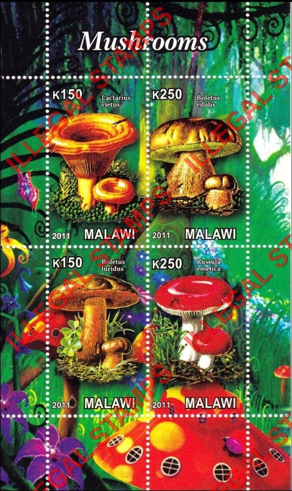 Malawi 2011 Mushrooms Illegal Stamp Souvenir Sheet of 4