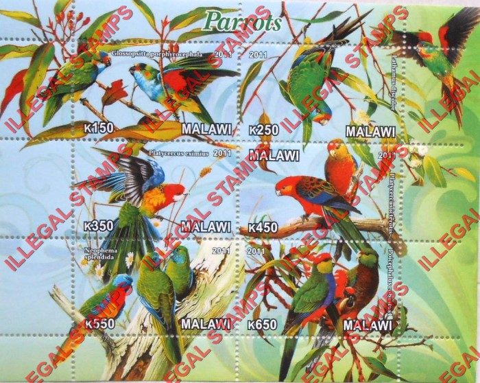 Malawi 2011 Parrots Illegal Stamp Souvenir Sheet of 6