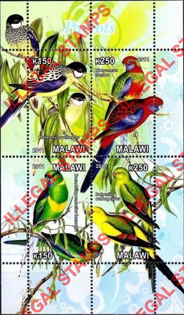 Malawi 2011 Parrots Illegal Stamp Souvenir Sheet of 4
