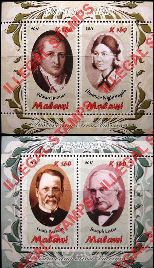 Malawi 2011 Great Scientists Illegal Stamp Souvenir Sheets of 2 (Part 3)
