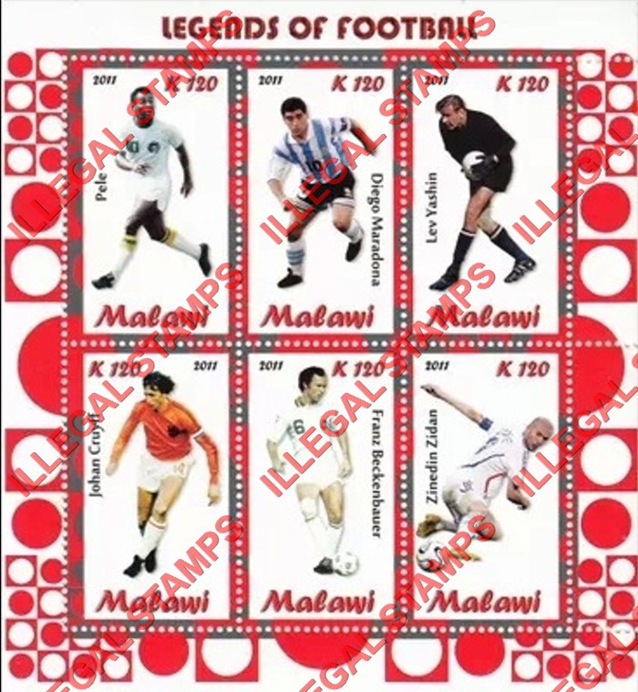 Malawi 2011 Soccer Legends of Football Illegal Stamp Souvenir Sheet of 6