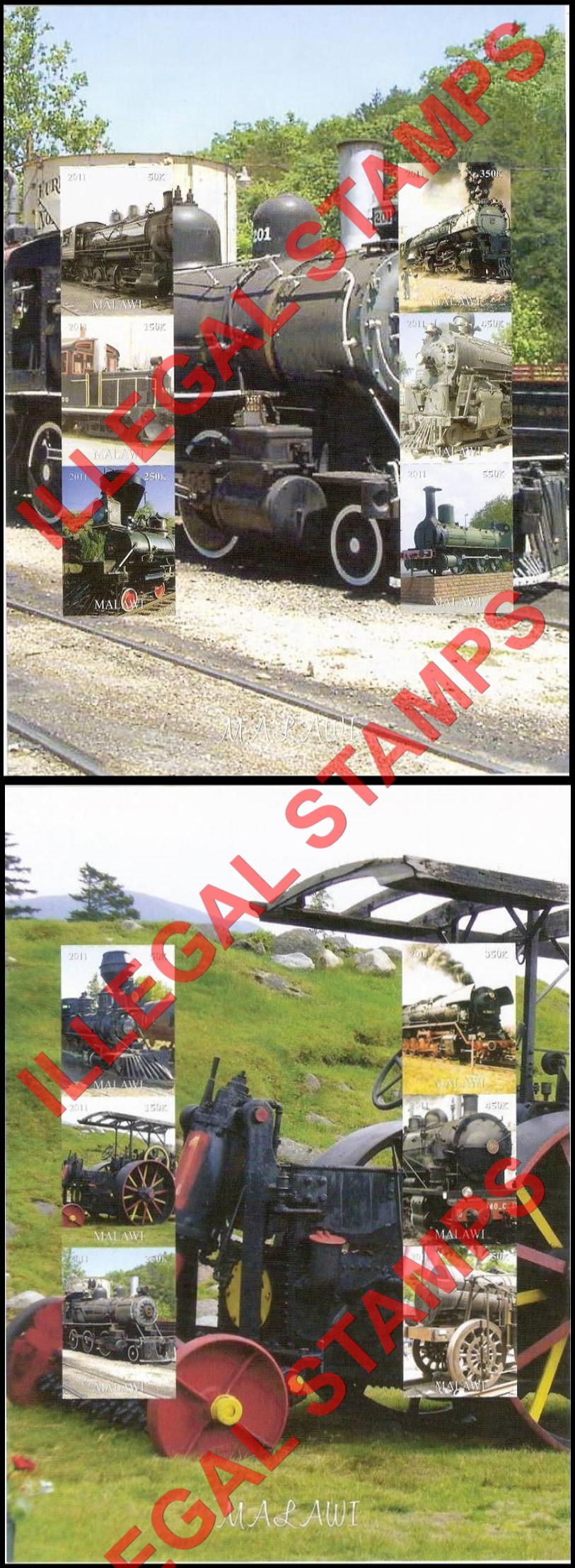 Malawi 2011 Trains Locomotives Illegal Stamp Souvenir Sheets of 6