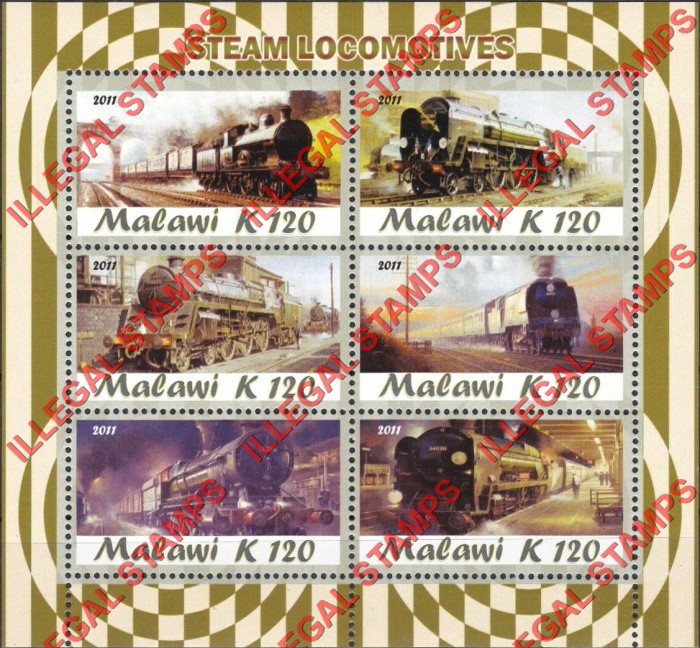 Malawi 2011 Trains Steam Locomotives Illegal Stamp Souvenir Sheet of 6