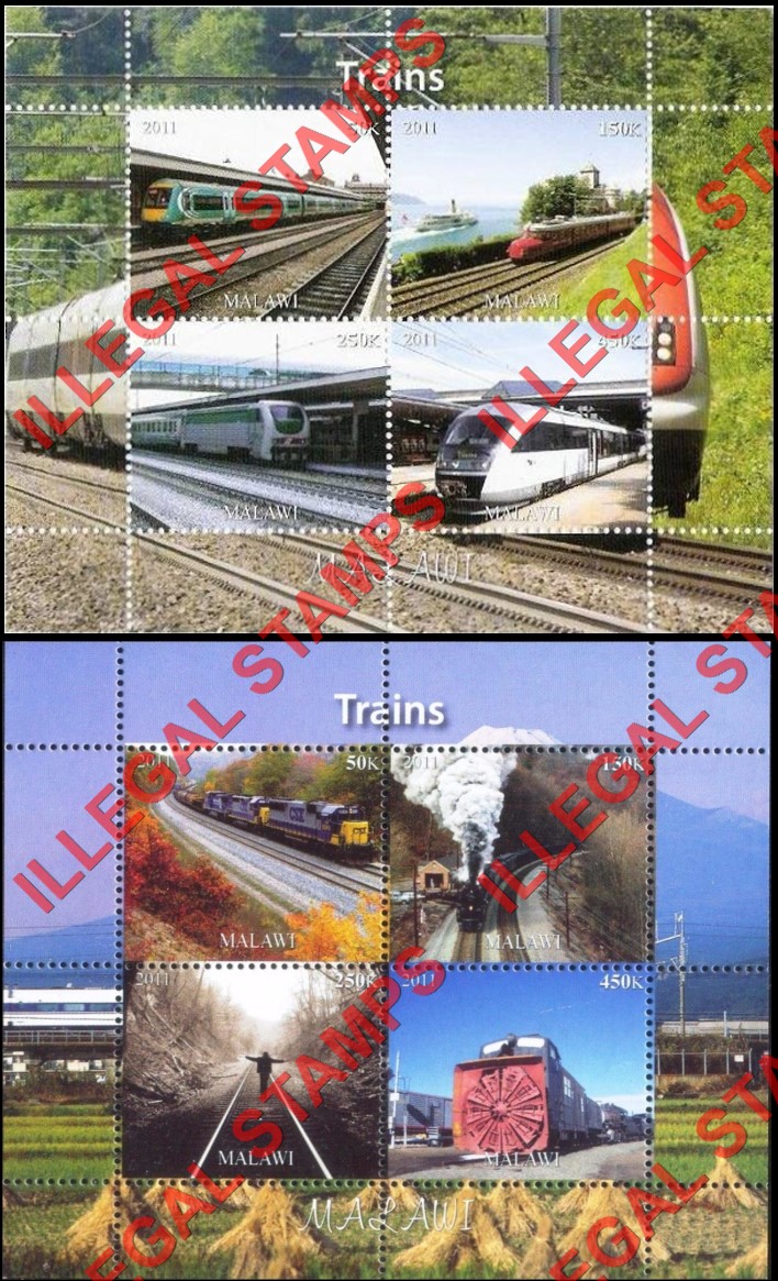 Malawi 2011 Trains Illegal Stamp Souvenir Sheets of 4 (Part 1)