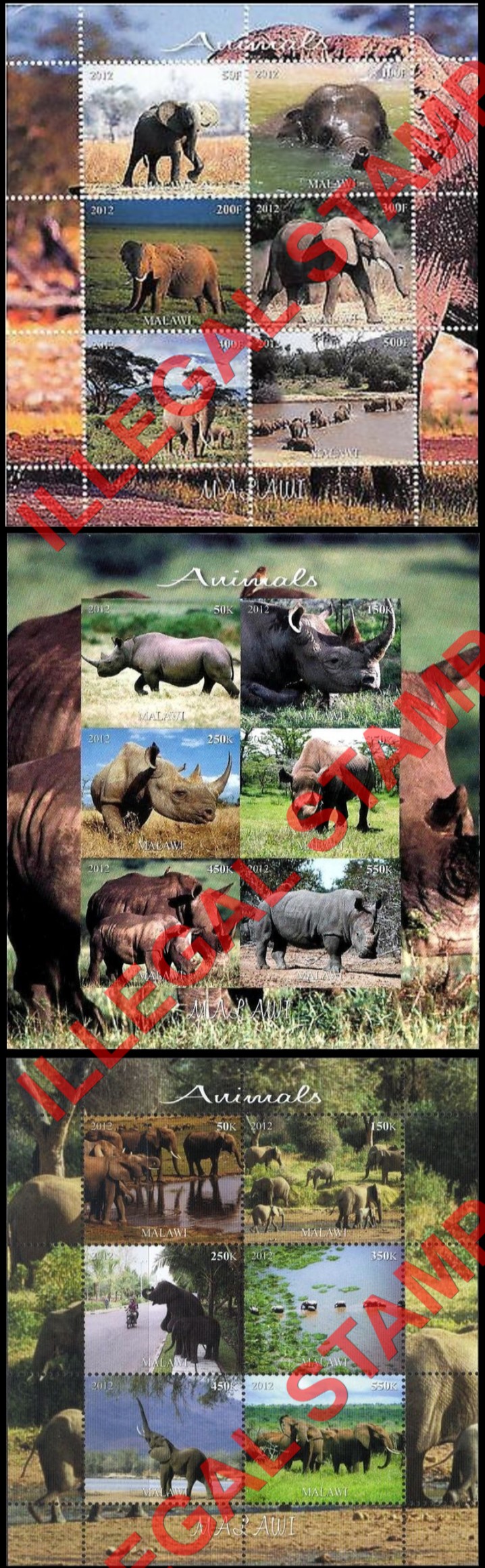 Malawi 2012 Animals Illegal Stamp Souvenir Sheets of 6 (Part 3)