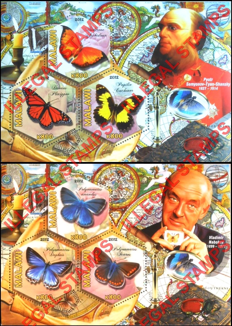 Malawi 2012 Butterflies and Ornithologists Illegal Stamp Souvenir Sheets of 3 (Part 4)