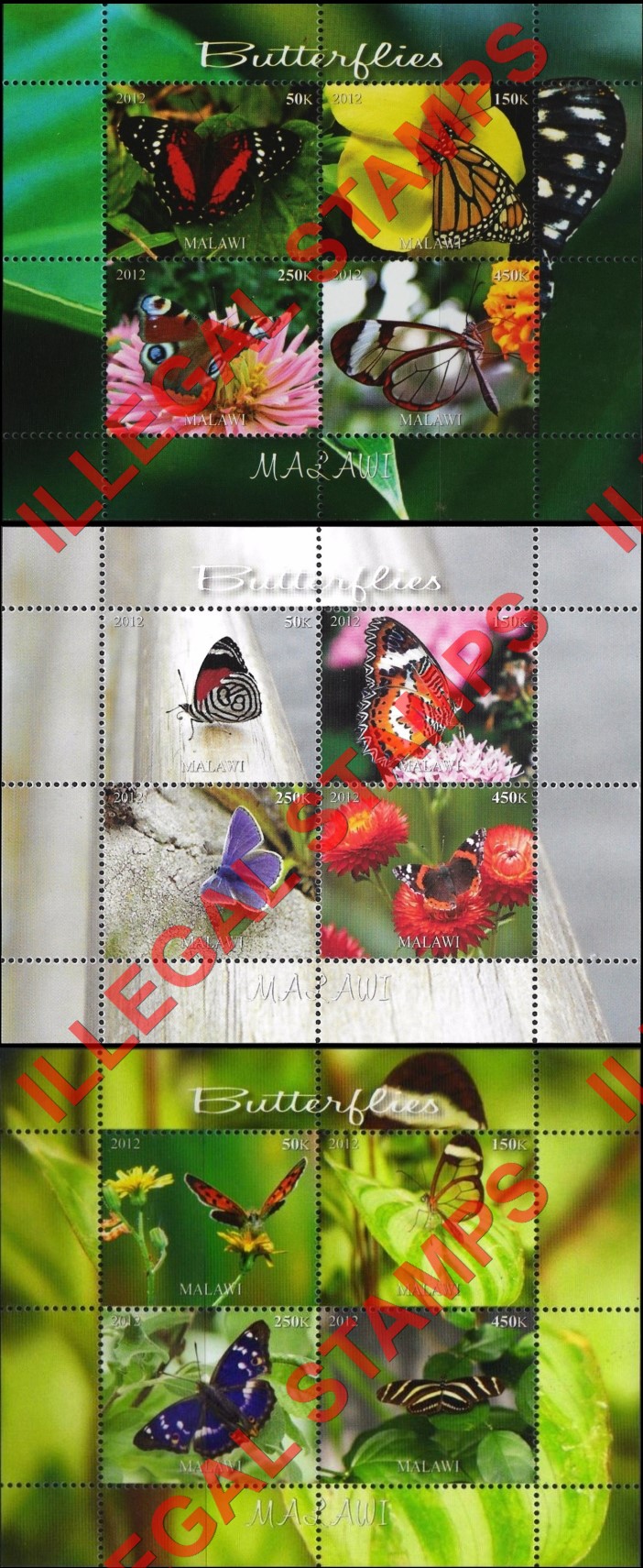 Malawi 2012 Butterflies Illegal Stamp Souvenir Sheets of 4