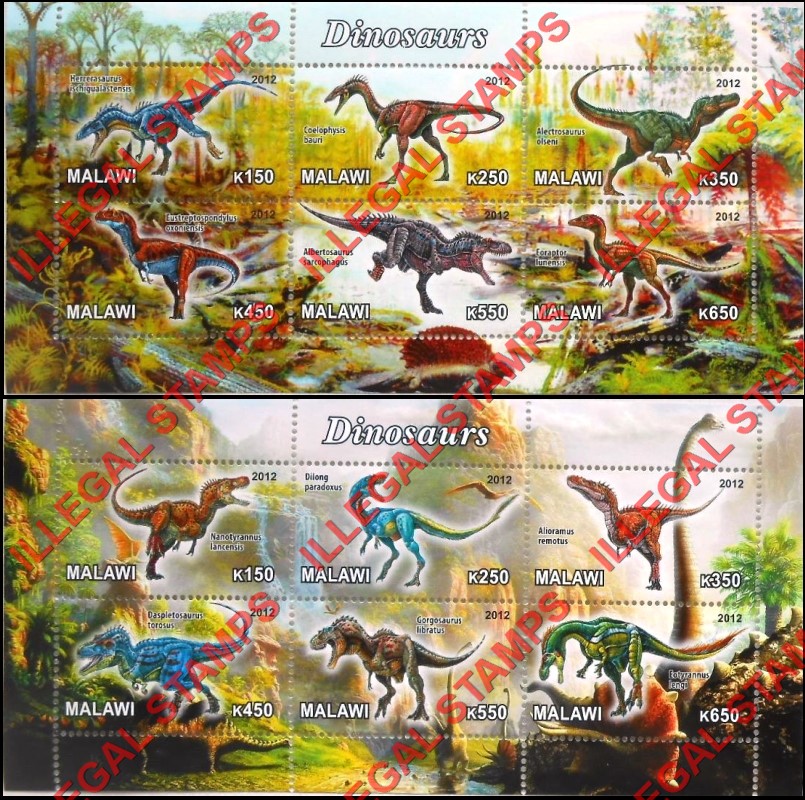 Malawi 2012 Dinosaurs Illegal Stamp Souvenir Sheets of 6 (Part 1)
