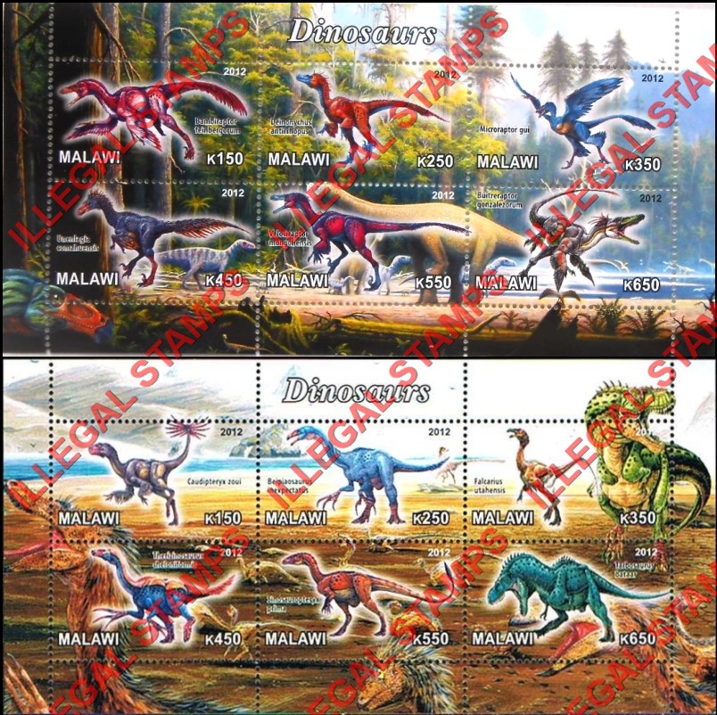 Malawi 2012 Dinosaurs Illegal Stamp Souvenir Sheets of 6 (Part 2)