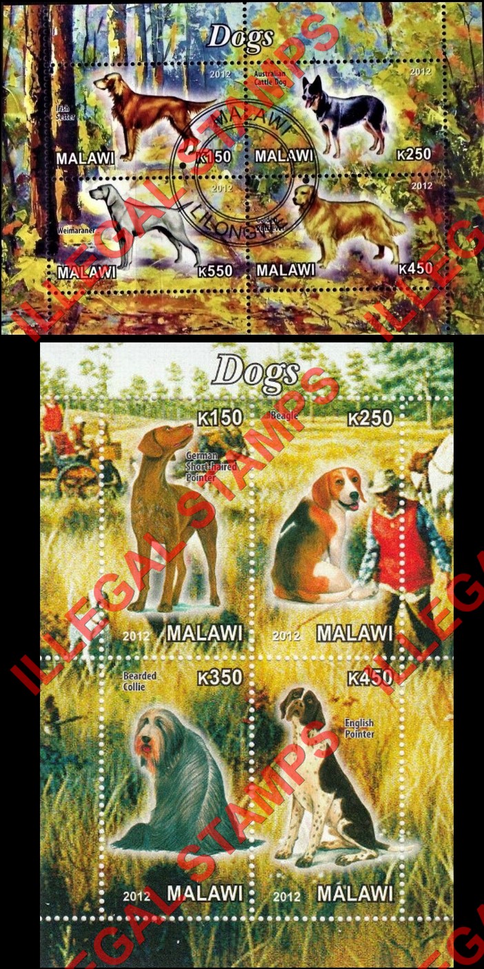 Malawi 2012 Dogs Illegal Stamp Souvenir Sheets of 4