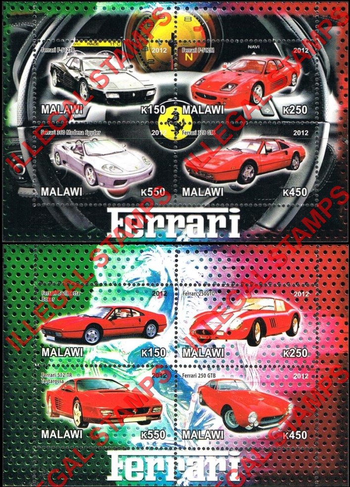 Malawi 2012 Ferrari Illegal Stamp Souvenir Sheets of 4