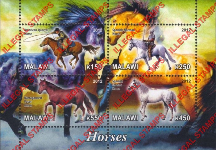 Malawi 2012 Horses Illegal Stamp Souvenir Sheet of 4