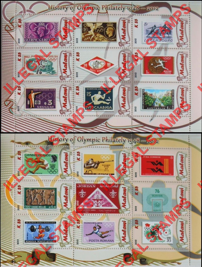Malawi 2012 History of Olympic Philately Illegal Stamp Sheetlets of 9 (Part 1)