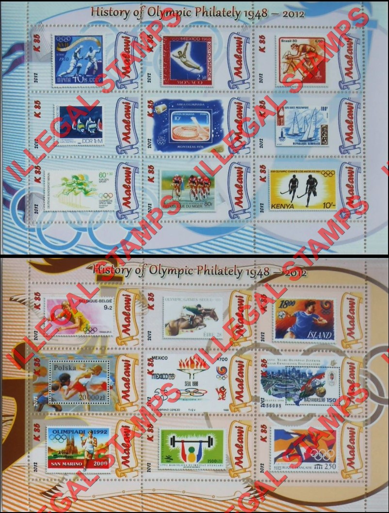 Malawi 2012 History of Olympic Philately Illegal Stamp Sheetlets of 9 (Part 2)