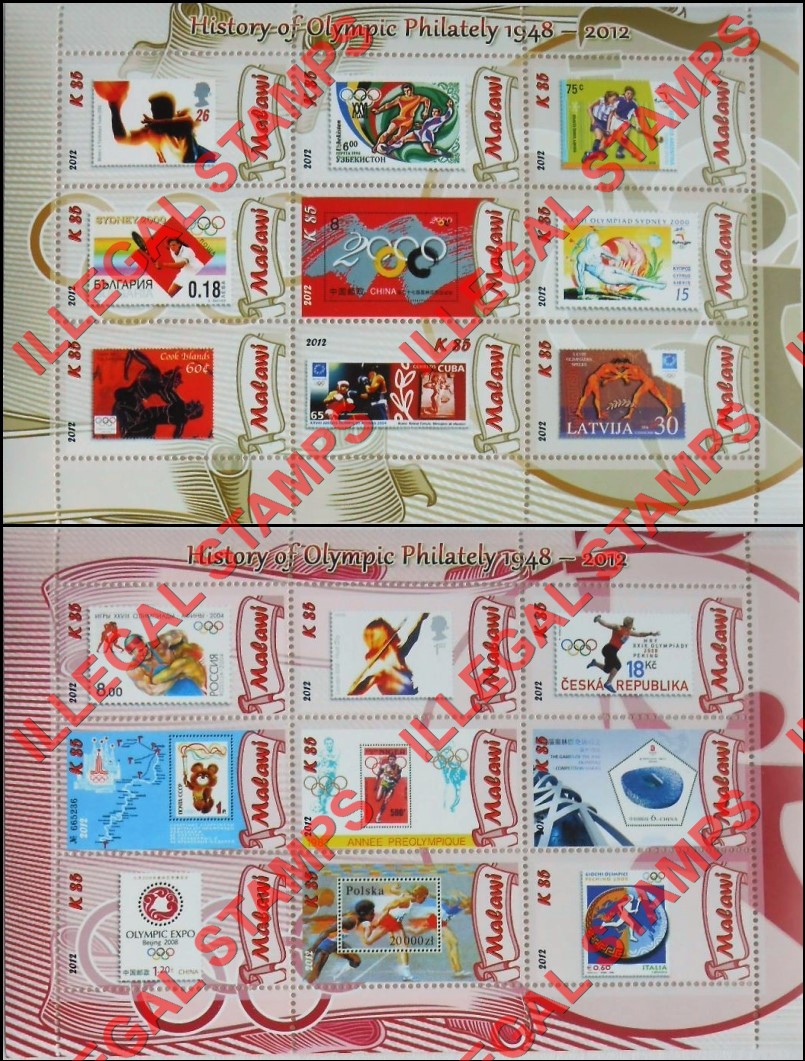 Malawi 2012 History of Olympic Philately Illegal Stamp Sheetlets of 9 (Part 3)