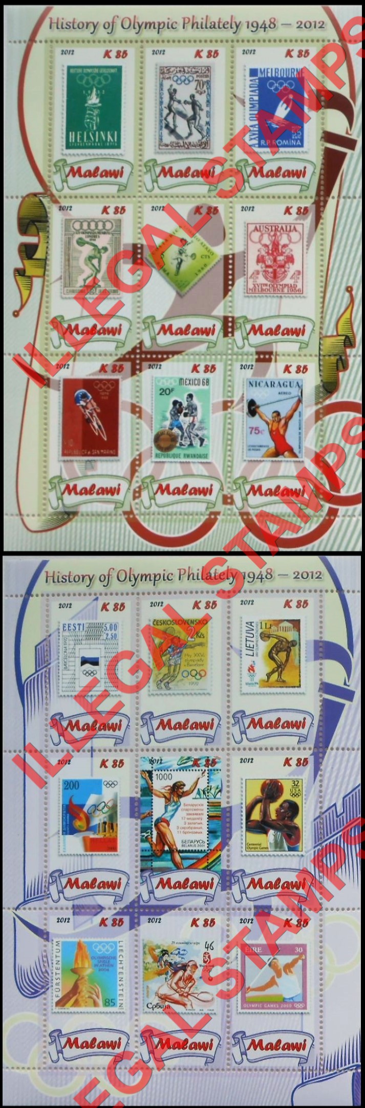 Malawi 2012 History of Olympic Philately Illegal Stamp Sheetlets of 9 (Part 4)